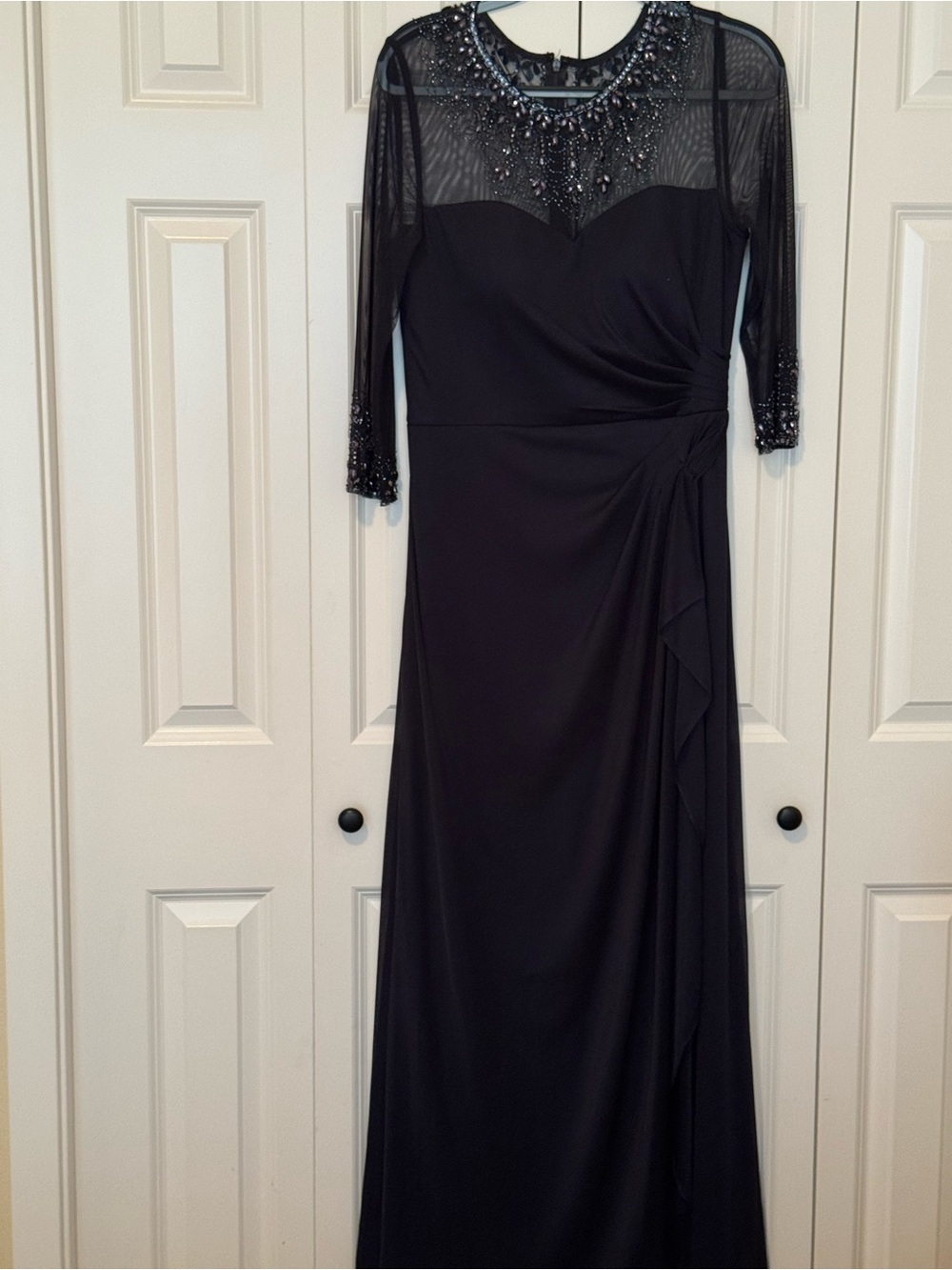 Elegant Navy Blue Evening Dress with Beaded Illusion Neckline